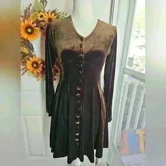 Vintage 90s K Luly brown Velvet button Front long sleeve dress size m - Picture 1 of 4
